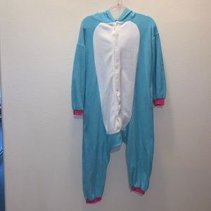 Blue colorful unicorn onesie pajama party